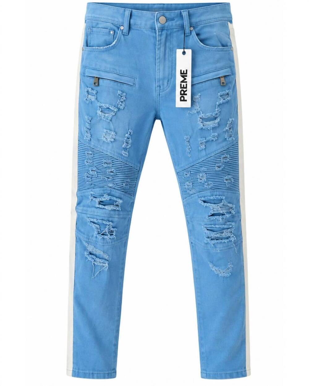 NEW PREME men's distressed moto skinny jeans in baby blue/white stripe